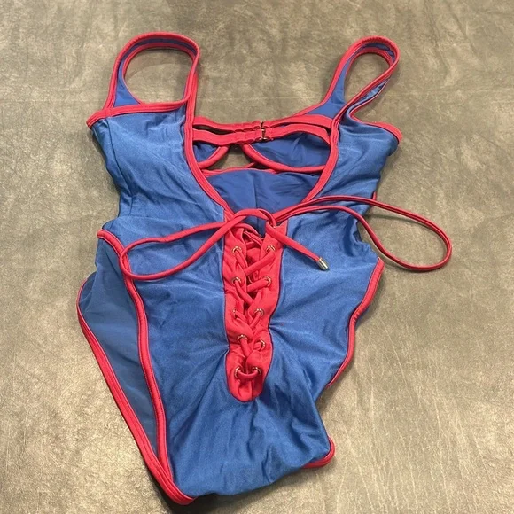 B FYNE Lush Blue One Piece with Pink Trim